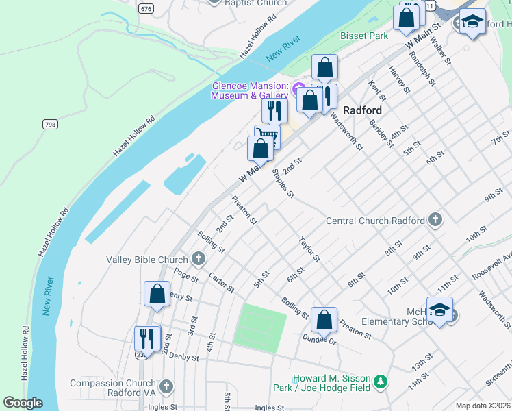 map of restaurants, bars, coffee shops, grocery stores, and more near 931-999 3rd Street in Radford