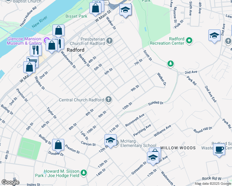 map of restaurants, bars, coffee shops, grocery stores, and more near 404 8th Street in Radford