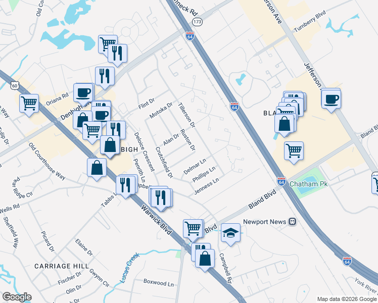 map of restaurants, bars, coffee shops, grocery stores, and more near 136 Ruston Drive in Newport News