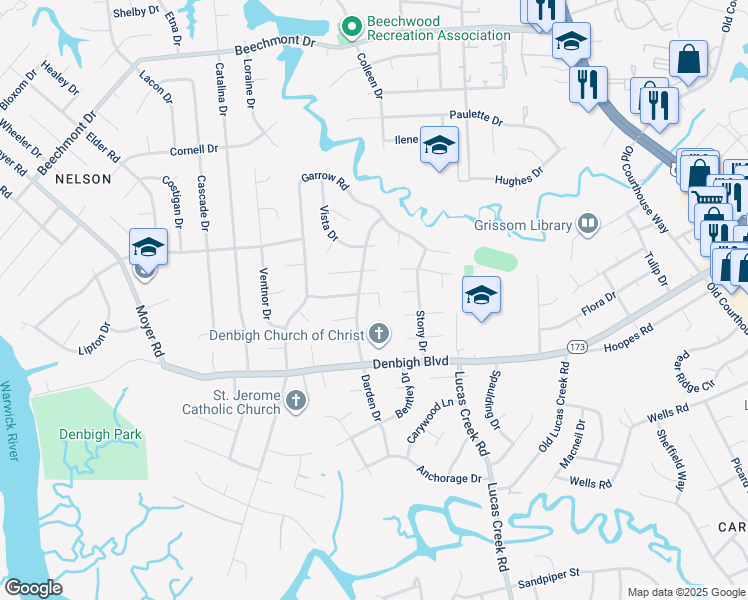 map of restaurants, bars, coffee shops, grocery stores, and more near 204 Cremona Drive in Newport News