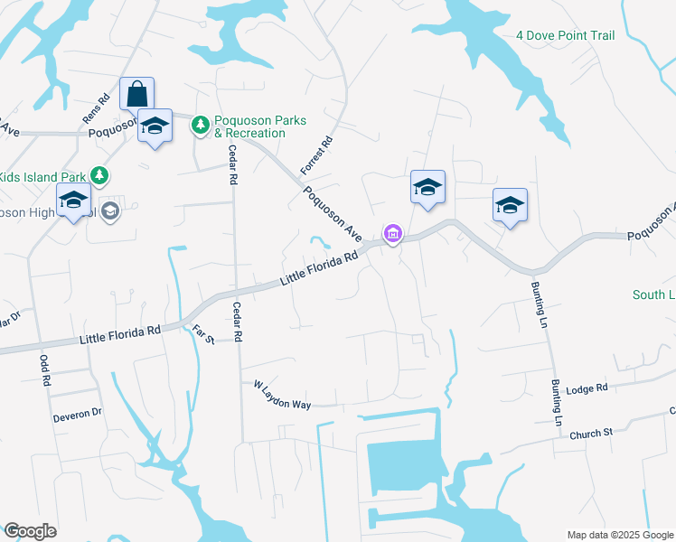 map of restaurants, bars, coffee shops, grocery stores, and more near 330 Little Florida Road in Poquoson