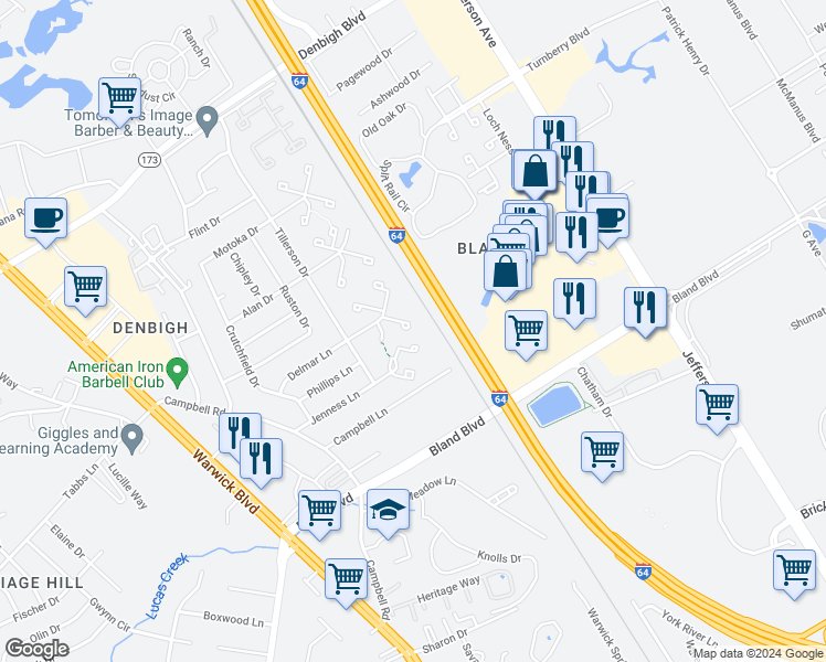 map of restaurants, bars, coffee shops, grocery stores, and more near 160 Delmar Lane in Newport News