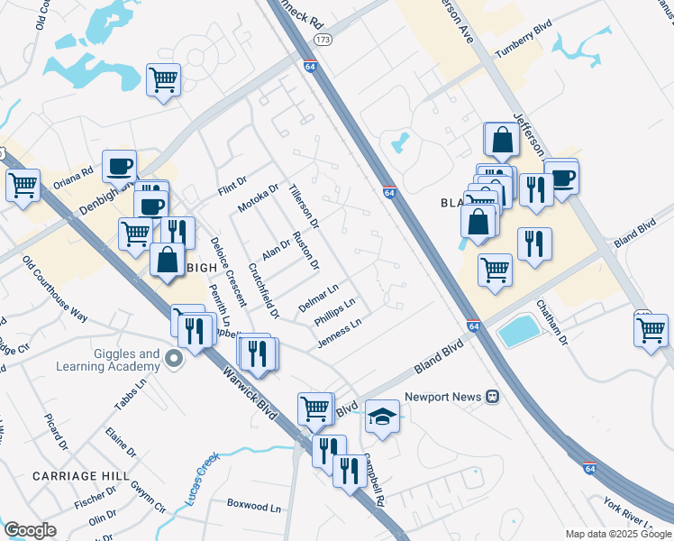 map of restaurants, bars, coffee shops, grocery stores, and more near 126 Delmar Lane in Newport News