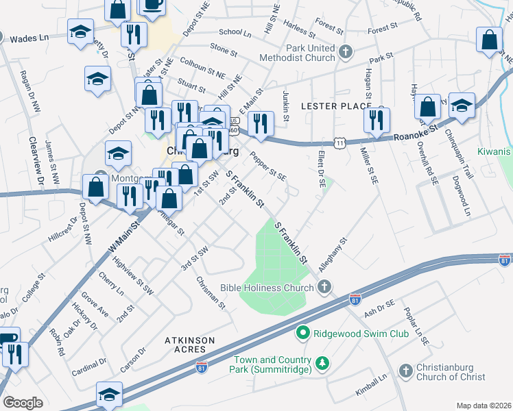 map of restaurants, bars, coffee shops, grocery stores, and more near 304 Hickok St in Christiansburg