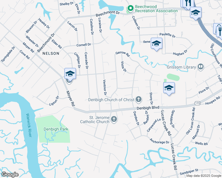 map of restaurants, bars, coffee shops, grocery stores, and more near 212 Troy Place in Newport News