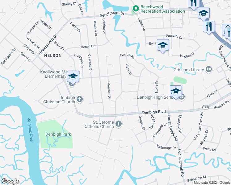 map of restaurants, bars, coffee shops, grocery stores, and more near 212 Troy Place in Newport News