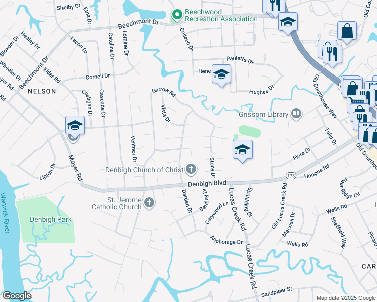 map of restaurants, bars, coffee shops, grocery stores, and more near 204 Cremona Drive in Newport News