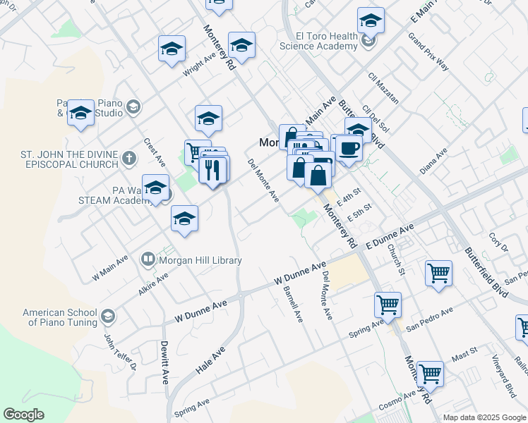 map of restaurants, bars, coffee shops, grocery stores, and more near 155 Nob Hill Terrace in Morgan Hill