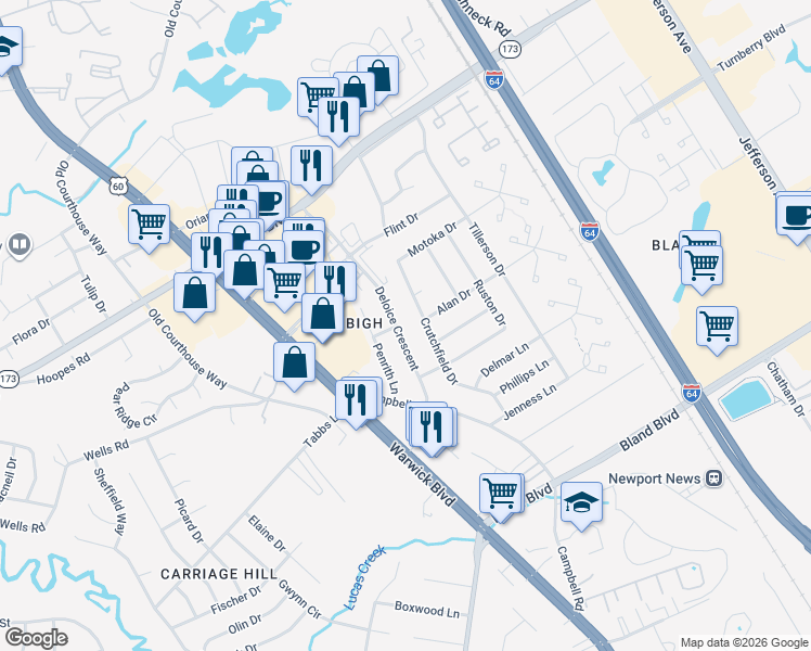 map of restaurants, bars, coffee shops, grocery stores, and more near 35 Crutchfield Drive in Newport News