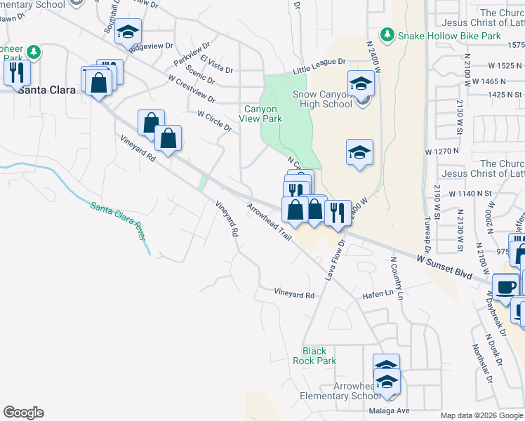 map of restaurants, bars, coffee shops, grocery stores, and more near 2428 Santa Clara Drive in Santa Clara