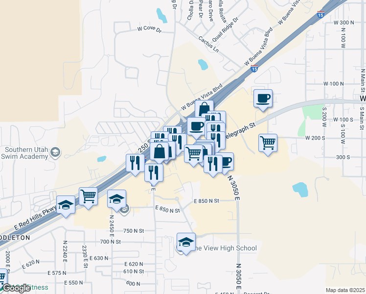 map of restaurants, bars, coffee shops, grocery stores, and more near 880 West Red Cliffs Drive in Washington