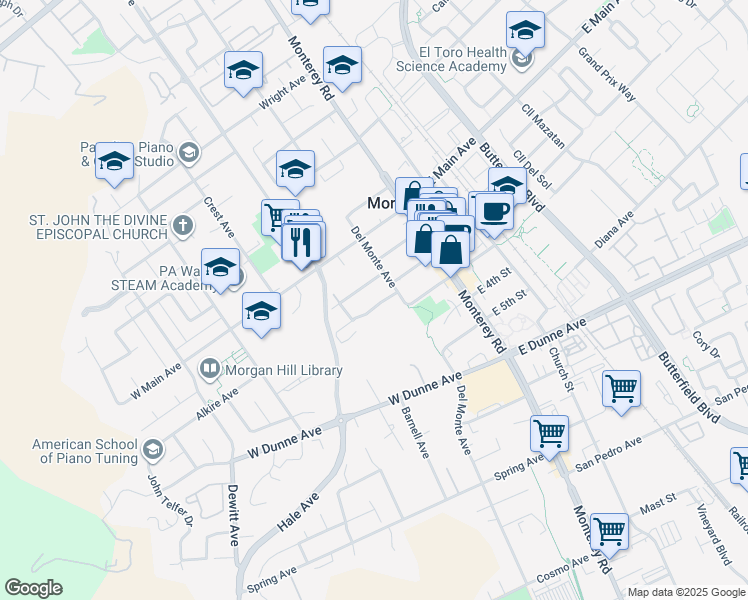 map of restaurants, bars, coffee shops, grocery stores, and more near 155 Nob Hill Terrace in Morgan Hill