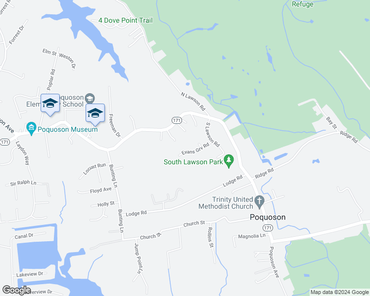 map of restaurants, bars, coffee shops, grocery stores, and more near 12 Evans Grove Road in Poquoson