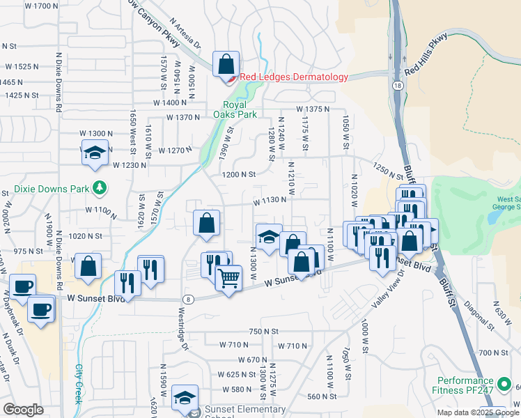 map of restaurants, bars, coffee shops, grocery stores, and more near 1108 North 1300 West in St. George