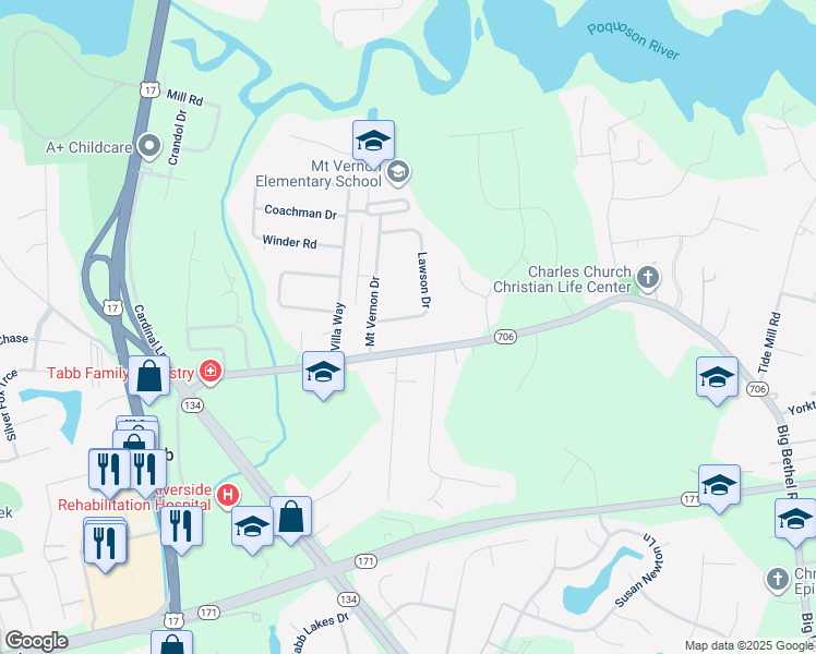 map of restaurants, bars, coffee shops, grocery stores, and more near 110 Lawson Drive in Yorktown