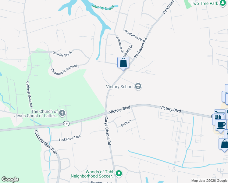 map of restaurants, bars, coffee shops, grocery stores, and more near 216 East Yorktown Road in Yorktown