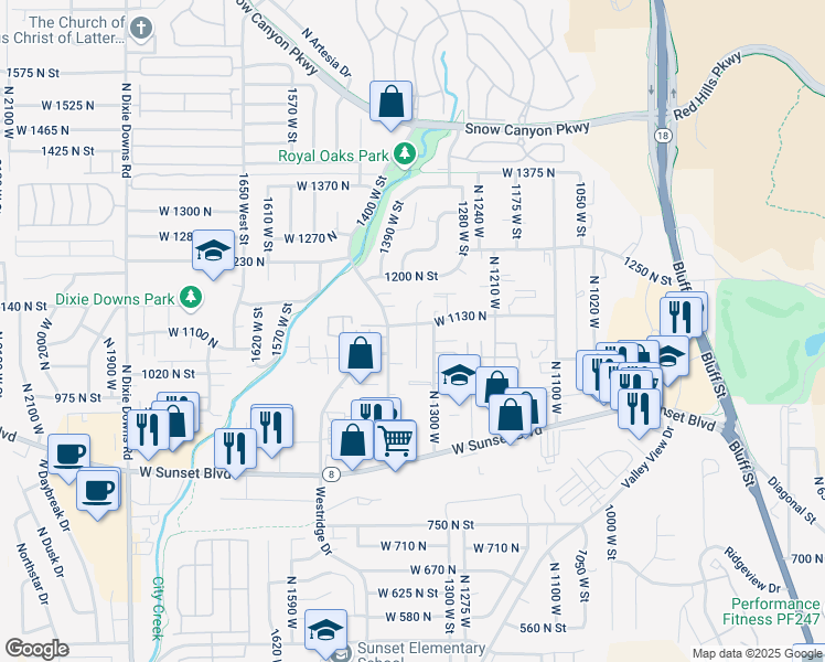 map of restaurants, bars, coffee shops, grocery stores, and more near 1066 1400 West Street in St. George