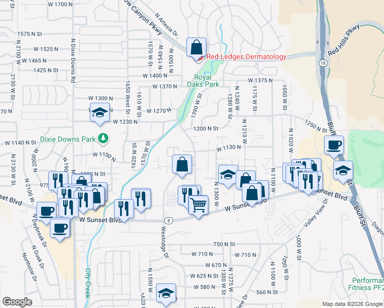 map of restaurants, bars, coffee shops, grocery stores, and more near 1049 Westridge Drive in St. George