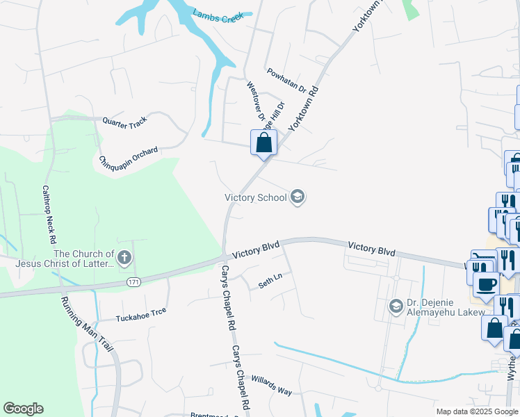 map of restaurants, bars, coffee shops, grocery stores, and more near 310 East Yorktown Road in Yorktown