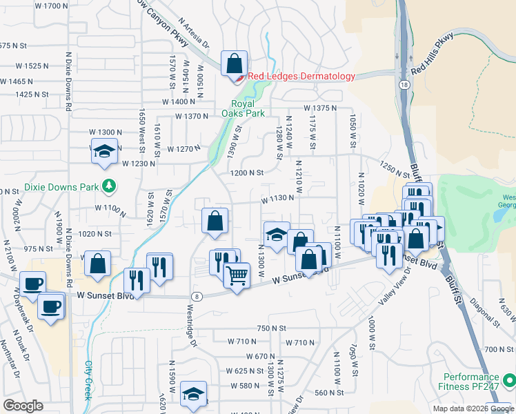 map of restaurants, bars, coffee shops, grocery stores, and more near 1119 North 1300 West in Saint George