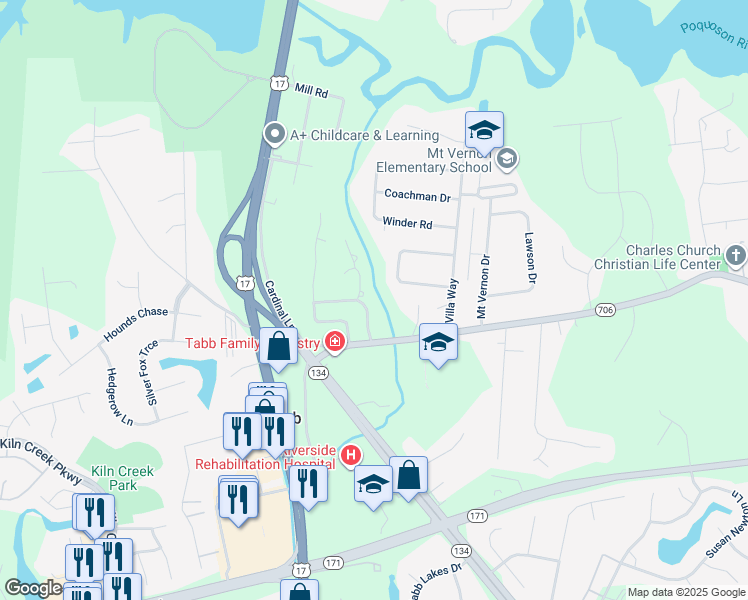 map of restaurants, bars, coffee shops, grocery stores, and more near 108 Myers Road in Yorktown