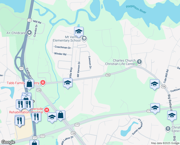 map of restaurants, bars, coffee shops, grocery stores, and more near 114 Lawson Drive in Yorktown