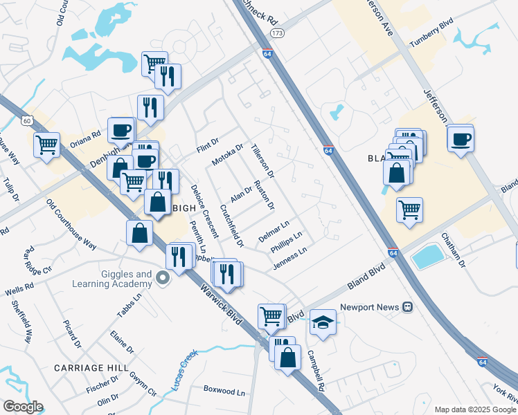 map of restaurants, bars, coffee shops, grocery stores, and more near 134 Saint Stephens Drive in Newport News