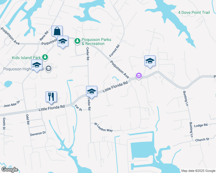 map of restaurants, bars, coffee shops, grocery stores, and more near 321 Little Florida Road in Poquoson