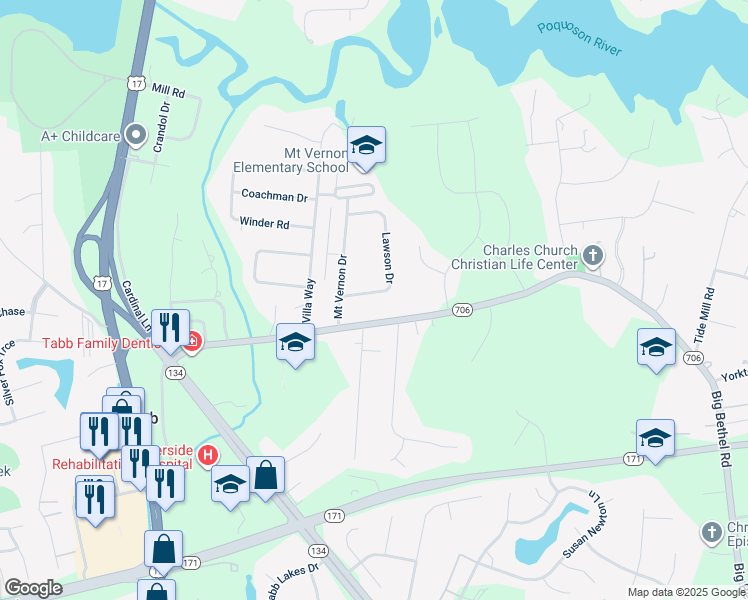 map of restaurants, bars, coffee shops, grocery stores, and more near 110 Lawson Drive in Yorktown