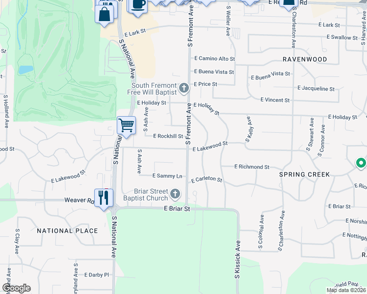 map of restaurants, bars, coffee shops, grocery stores, and more near 4739 South Fremont Avenue in Springfield