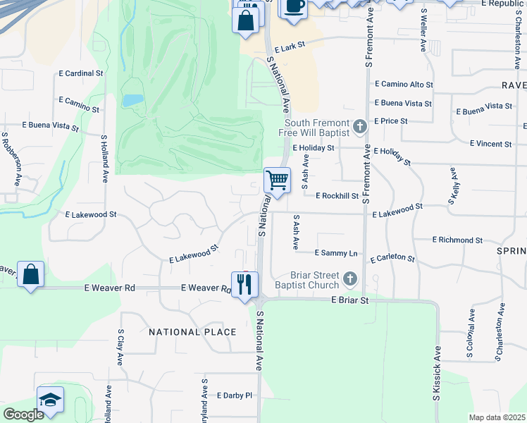 map of restaurants, bars, coffee shops, grocery stores, and more near S National Ave & E Lakewood St in Springfield