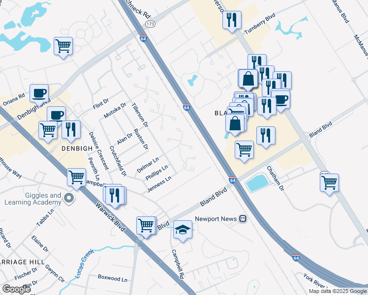 map of restaurants, bars, coffee shops, grocery stores, and more near 156 Delmar Lane in Newport News