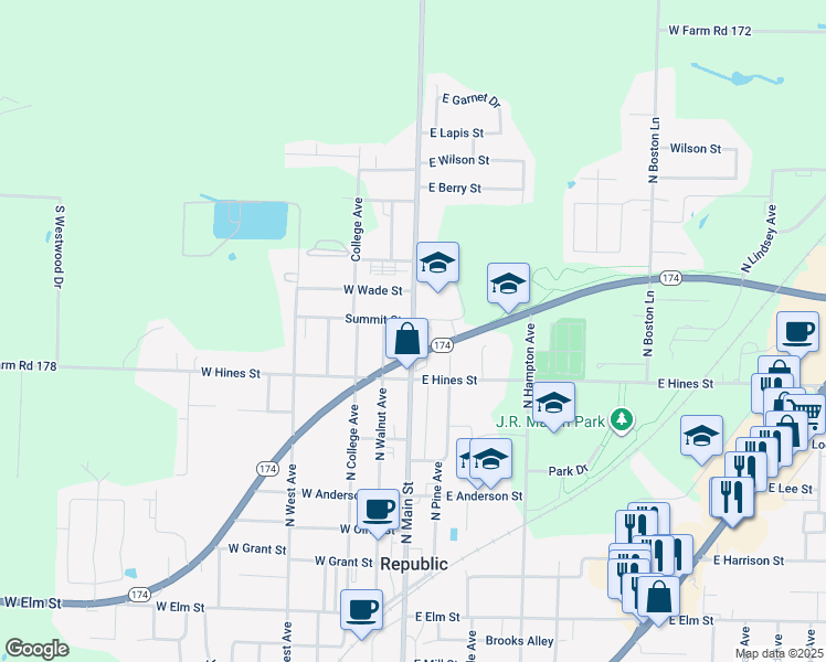 map of restaurants, bars, coffee shops, grocery stores, and more near 715 North Main Street in Republic