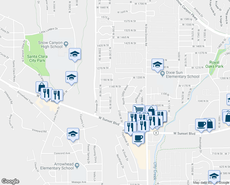 map of restaurants, bars, coffee shops, grocery stores, and more near 2102 West 1140 North in St. George