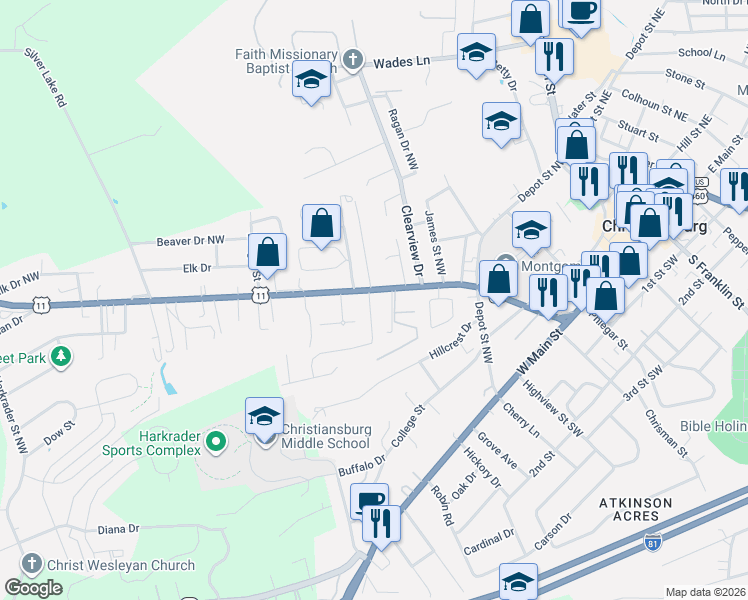 map of restaurants, bars, coffee shops, grocery stores, and more near 515 Radford Street in Christiansburg
