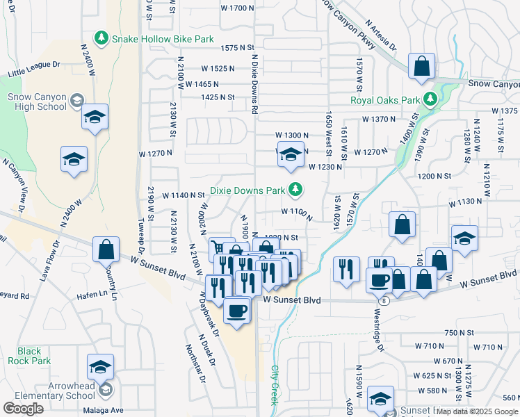 map of restaurants, bars, coffee shops, grocery stores, and more near 1840 West 1100 North in St. George