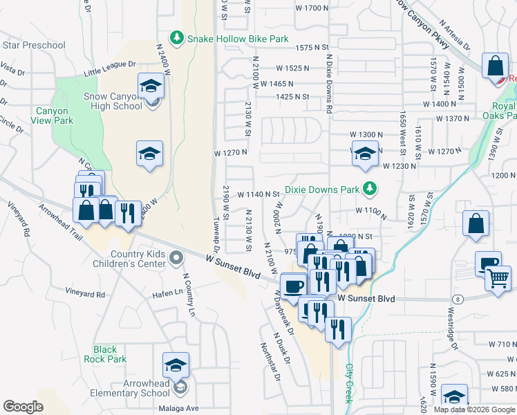 map of restaurants, bars, coffee shops, grocery stores, and more near 1103 North 2100 West in Saint George