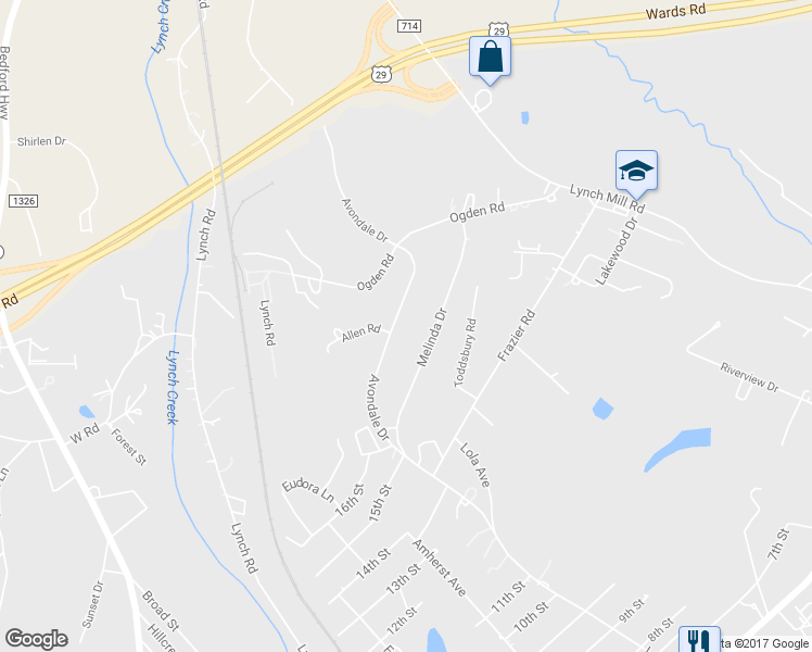 map of restaurants, bars, coffee shops, grocery stores, and more near 1703 Avondale Drive in Altavista