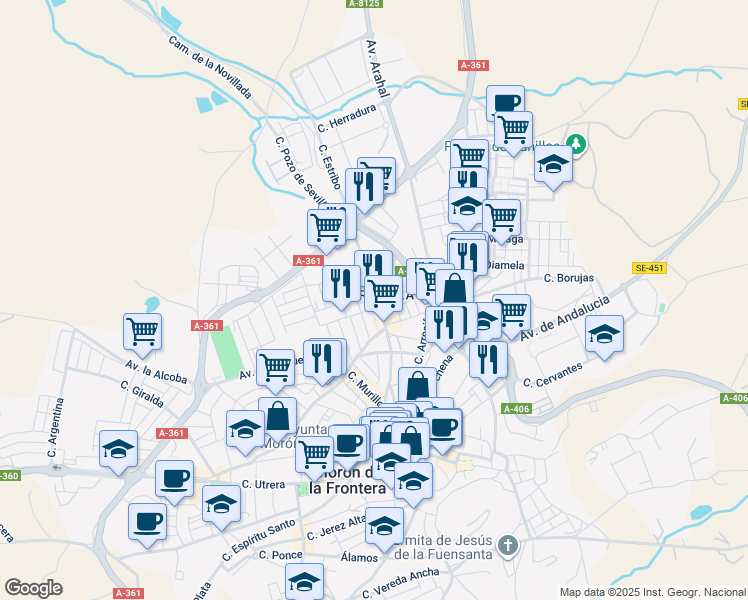 map of restaurants, bars, coffee shops, grocery stores, and more near 30 Calle Hernández Pastorino in Morón de la Frontera