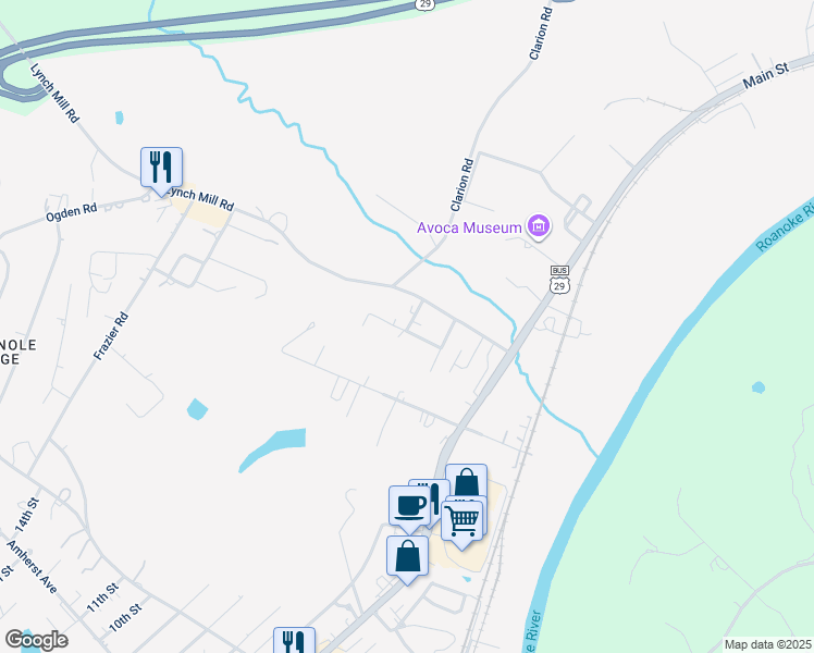 map of restaurants, bars, coffee shops, grocery stores, and more near 207 Valley View Drive in Altavista