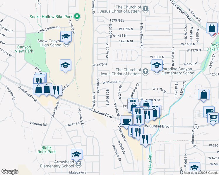 map of restaurants, bars, coffee shops, grocery stores, and more near 1102 North 2130 West Street in St. George