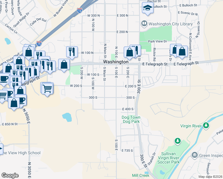 map of restaurants, bars, coffee shops, grocery stores, and more near 60 West 200 South in Washington