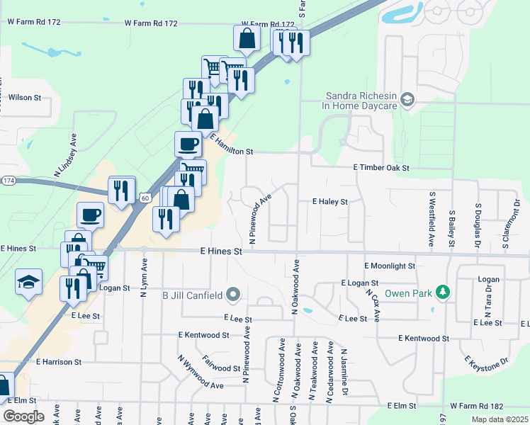 map of restaurants, bars, coffee shops, grocery stores, and more near 734 North Windmill Place in Republic