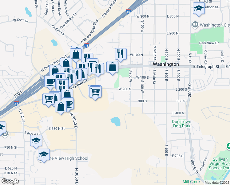 map of restaurants, bars, coffee shops, grocery stores, and more near 355 West 200 South in Washington