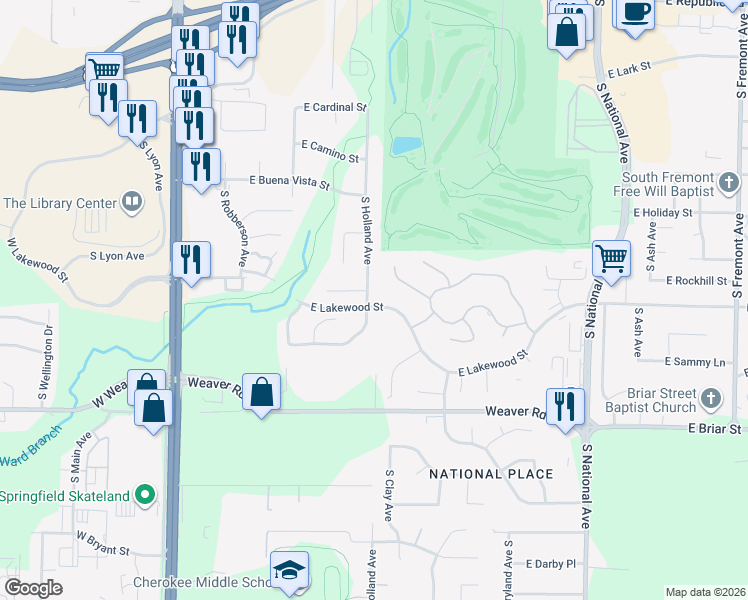 map of restaurants, bars, coffee shops, grocery stores, and more near 4760 South Holland Avenue in Springfield