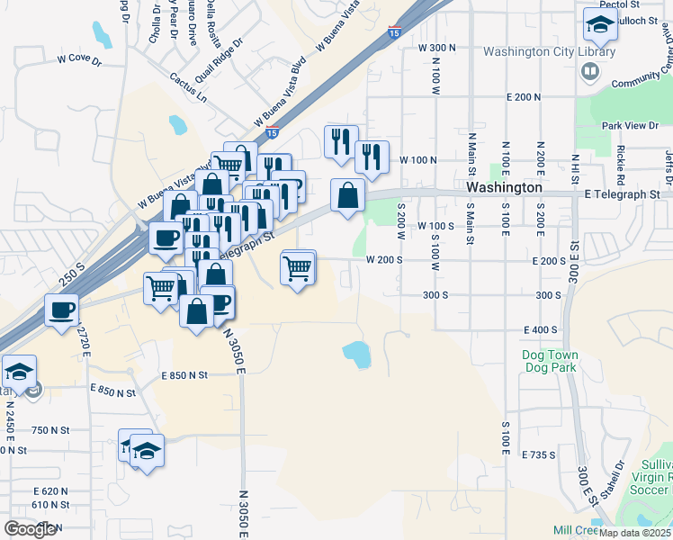 map of restaurants, bars, coffee shops, grocery stores, and more near 355 West 200 South in Washington