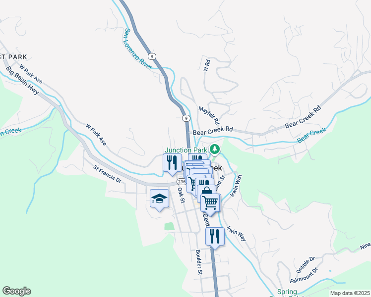 map of restaurants, bars, coffee shops, grocery stores, and more near 13350 West Park Avenue in Boulder Creek