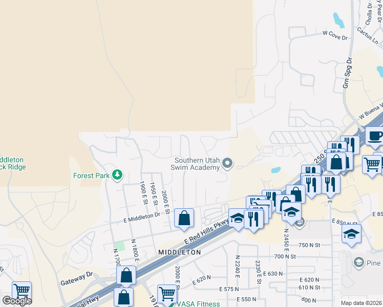 map of restaurants, bars, coffee shops, grocery stores, and more near 2301 East Colorado Drive in St. George