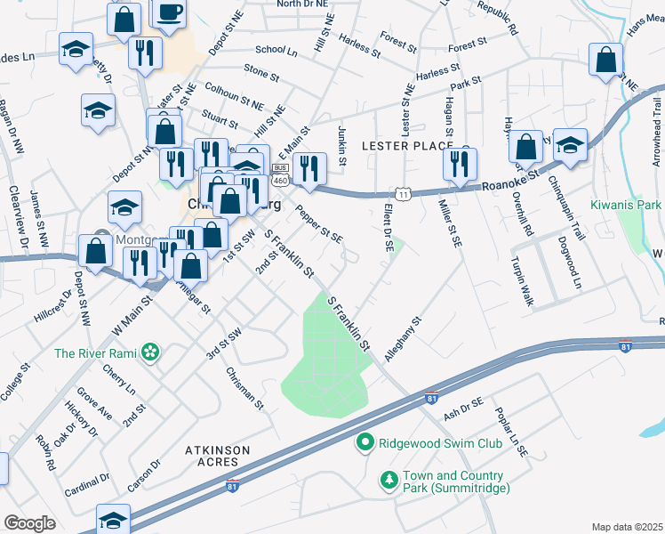 map of restaurants, bars, coffee shops, grocery stores, and more near 160 Darci Drive Southeast in Christiansburg