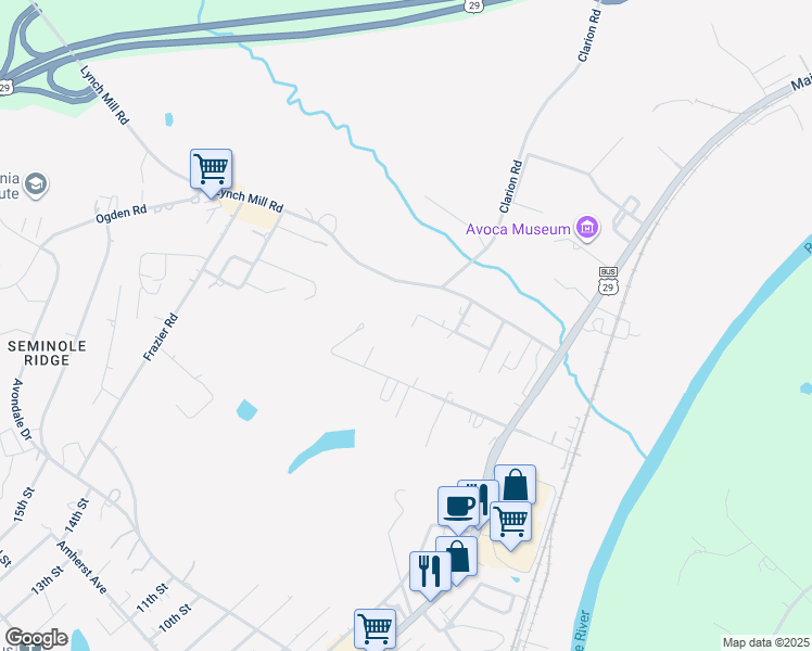 map of restaurants, bars, coffee shops, grocery stores, and more near 308 Valley View Drive in Altavista